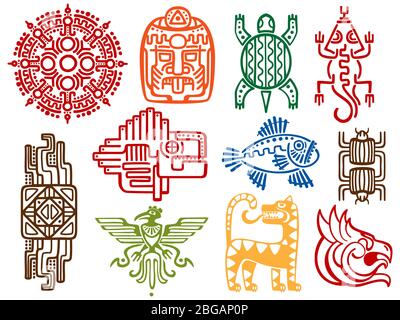 Colorati simboli antichi messicani mitologia vettoriale isolati su sfondo bianco - azteco americano, cultura maya nativo totem. Illustrazione vettoriale Illustrazione Vettoriale