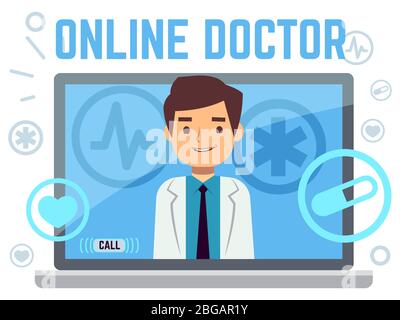 Consulente medico online icone piatte su sfondo bianco. Illustrazione vettoriale Illustrazione Vettoriale