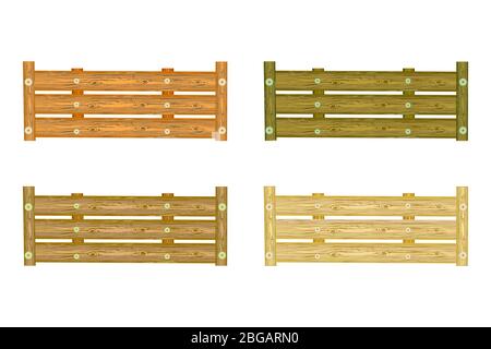 Set di scatole in legno isolato su sfondo bianco. Scatola vuota per frutta e verdura con buchi. Scatola per la conservazione e il trasporto di cibo. Vettore di stock Illustrazione Vettoriale