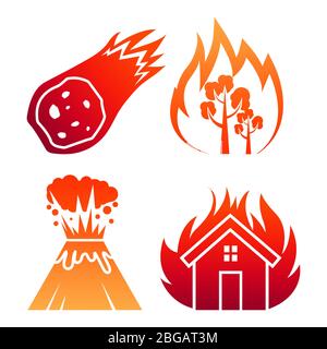 Fuoco naturale disastro colorato vettore icone in rosso e arancione illustrazione Illustrazione Vettoriale