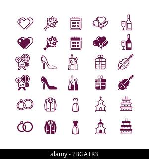 Icone di amore e matrimonio isolate su sfondo bianco - lineare e silhouette amore icona. Champagne e matrimonio, calendario e torta. Illustrazione vettoriale Illustrazione Vettoriale