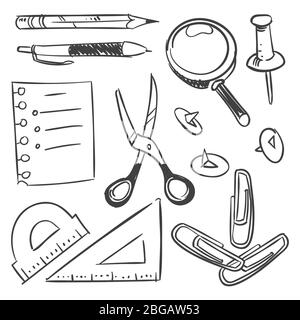 Set di schizzi per cancelleria - pulsante della penna a matita a forbice isolato su sfondo bianco. Matita vettoriale e penna, disegno dello schizzo Illustrazione Vettoriale