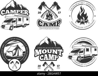 Etichette vettoriali vintage con camper vicino alla montagna, tenda e alberi di primato. Elementi monocromatici del logo camping Illustrazione Vettoriale