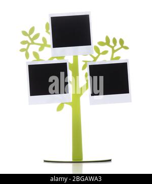 Supporto in forma di albero con schede fotografiche istantanee isolate su bianco Foto Stock