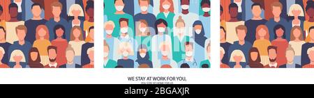 Insieme vettoriale di motivi senza giunture. Società moderna, personale medico. Texture infinita, stampa, sfondo, sfondo. Grazie medici, infermieri. Motivazione Illustrazione Vettoriale