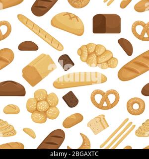 Pane e altri cibi da forno in stile fumetto divertente. Illustrazione del pattern senza giunture vettoriale Illustrazione Vettoriale