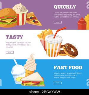 Tre striscioni orizzontali di illustrazioni vettoriali fast food con hamburger, sandwich, gelato e bevande fredde Illustrazione Vettoriale