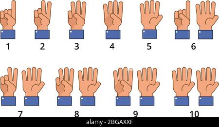 Mano di conteggio. Movimenti del conto alla rovescia, numero di lingua segni piatti isolati. Dito mano con conto alla rovescia, movimento numerico dell'illustrazione del vettore impostato Illustrazione Vettoriale