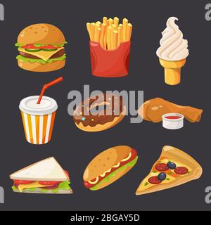 Illustrazione del fast food in stile cartoon. Foto di hamburger, bevande fredde, tacos e hotdog Illustrazione Vettoriale