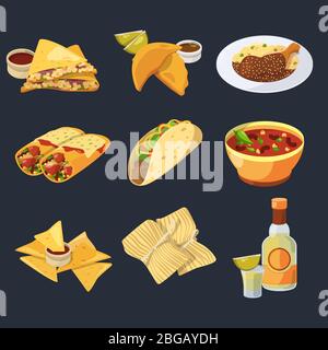 Diversi cibi messicani in stile cartone animato. Cucina tradizionale. Illustrazioni vettoriali di pollo, tacos e tequila Illustrazione Vettoriale