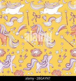 Pattern senza cuciture con elementi magici divertenti. Unicorno, mago e miracolo. Sfondo vettoriale Illustrazione Vettoriale