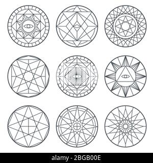 Simboli vettoriali di alchimia spirituale. Geometria medievale sacro vettore loghi. Rappresentazione della collezione di canti di religione di geometria mistica Illustrazione Vettoriale
