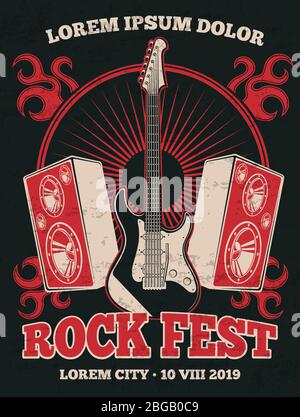 Poster vettoriale con chitarra della band rock retrò. Rock musica festival Grunge illustrazione banner in rosso nero Illustrazione Vettoriale