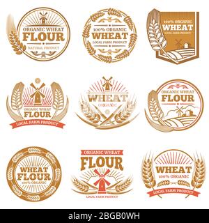 Farina di grano biologico, prodotti agricoli di grano etichette vettoriali e loghi. Illustrazione del mercato del badge della farina Illustrazione Vettoriale