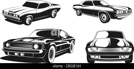 Serie di illustrazioni monocromatiche di auto muscolo retro. Vettore nero Illustrazione Vettoriale