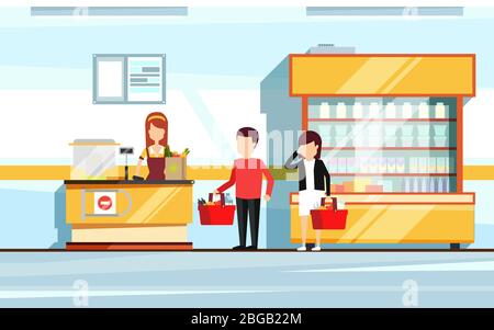 Venditore in interni supermercato. Persone in attesa in linea di cassa del negozio. Illustrazione vettoriale piatta del centro commerciale Illustrazione Vettoriale