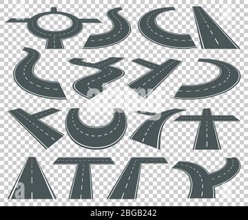Set di diverse strade di trasporto lunghe e autostrada isolata Illustrazione Vettoriale
