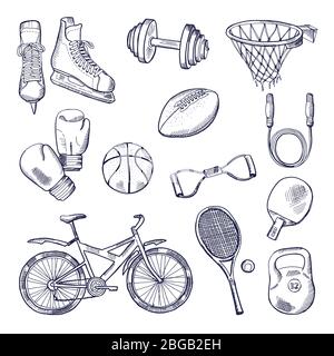 Illustrazioni di diverse attrezzature sportive fitness. Set icone di poodle vettoriali Illustrazione Vettoriale