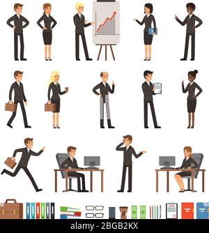 Personaggi design set di uomini d'affari uomo e donna, lavoratori d'ufficio o direttori, team professionali. Mascotte in pose di azione differenti Illustrazione Vettoriale