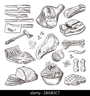 Cibo di carne diverso. Maiale, pancetta e accessori da cucina. Immagine disegnata a mano con il vettore lama e ascia Illustrazione Vettoriale