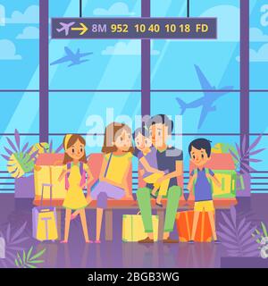 La gente va in vacanza. Seduto al terminal dell'aeroporto. Buona coppia con bambini e bagagli. Illustrazione vettoriale Illustrazione Vettoriale