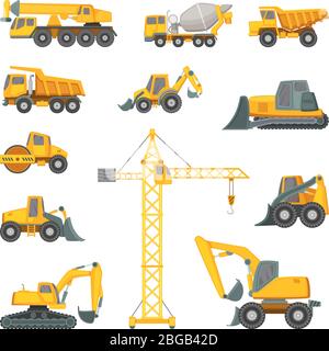 Macchine per edilizia pesante. Escavatore, bulldozer e altre tecniche. Illustrazioni vettoriali in stile cartoon Illustrazione Vettoriale