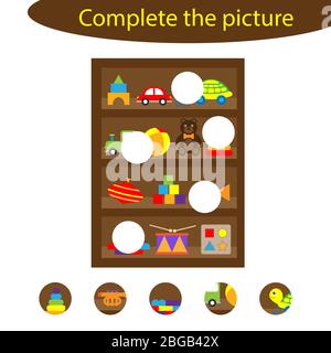 Completare il puzzle e trovare le parti mancanti della foto, giochi divertente gioco di istruzione per i bambini, attività di foglio di lavoro prescolare per i bambini, compito per t Illustrazione Vettoriale
