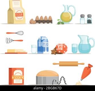 Ingredienti alimentari diversi per la cottura e la cottura. Illustrazione vettoriale in stile cartoon Illustrazione Vettoriale