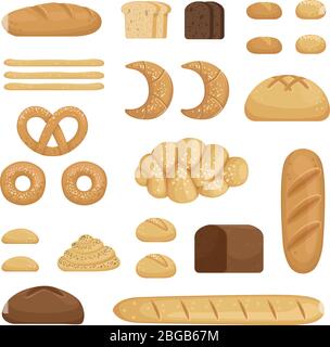 Diversi tipi di pane. Immagini vettoriali di cibo da forno Illustrazione Vettoriale