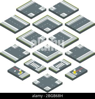Elementi isometrici città strada, erba e crocevia. Illustrazioni vettoriali impostate isolate su sfondo bianco Illustrazione Vettoriale