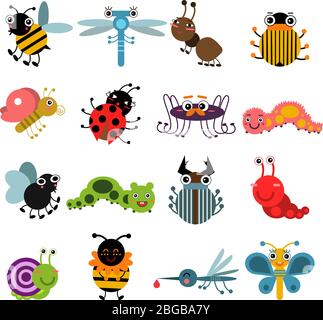 Insetti e insetti cartoni animati. Set di illustrazioni vettoriali isolato su sfondo bianco Illustrazione Vettoriale