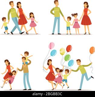 Felice ritratto di famiglia. Padre, madre e bambini che camminano nel parco. Illustrazioni vettoriali all'aperto in stile cartoon Illustrazione Vettoriale