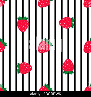 Motivo senza cuciture carino fragola con foglia su sfondo bianco. Illustrazione vettoriale. Illustrazione Vettoriale