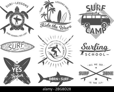 Elementi vettoriali per etichette o badge. Surf, hawaii surf e mare. Set di illustrazioni monocromatiche Illustrazione Vettoriale