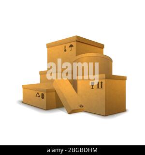 Ampio mucchio di pacchi con cartelli di carico su bianco Illustrazione Vettoriale