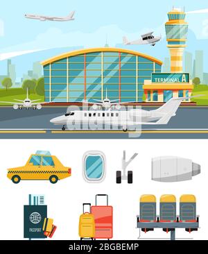 Illustrazione del terminal aeroportuale, aeromobili e diverse icone specifiche Illustrazione Vettoriale