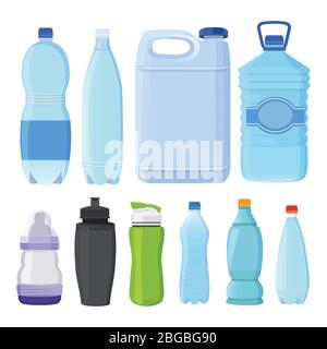 Bottiglie di vetro e plastica di diversi tipi per alcol e acqua Illustrazione Vettoriale