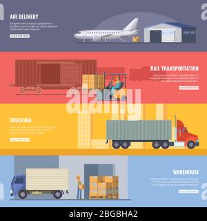 Banner orizzontali di servizi di consegna o logistica. Industria dei trasporti. Trasporto veloce. Illustrazioni vettoriali in stile cartoon Illustrazione Vettoriale