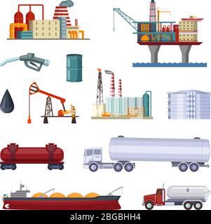 Esplorazione del petrolio. Stabilimento petrolifero con piattaforme e terminal. Le immagini di produzione si isolano sul bianco Illustrazione Vettoriale