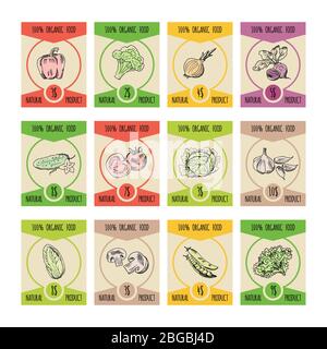 Illustrazioni vettoriali di verdure sulle schede di prezzo per il mercato agricolo. Set di immagini disegnate a mano Illustrazione Vettoriale