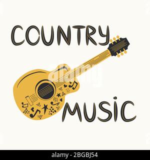 Chitarra acustica circondata da note, l'iscrizione Love Music, Country Music. Country Cowboy Music Festival Creative Event Live Event Poster Concept Illustrazione Vettoriale