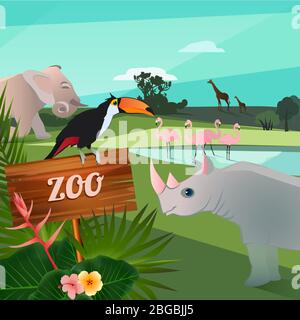 Illustrazione di cartoni animati di animali selvatici nello zoo. Personaggi vettoriali divertenti Illustrazione Vettoriale