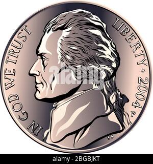 Jefferson nichel, denaro americano, Stati Uniti cinque-cento moneta con profilo Thomas Jefferson, terzo presidente degli Stati Uniti su oscuro Illustrazione Vettoriale