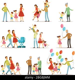 Grande famiglia felice con madre, padre, nonna e nonno. Due bambini sorridenti. Caratteri vettoriali Illustrazione Vettoriale