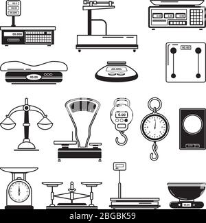 Illustrazioni monocromatiche delle scale. Visualizzazione degli strumenti di bilanciamento Illustrazione Vettoriale