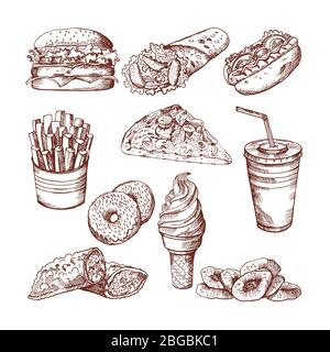 Fast food. Immagini vettoriali disegnate a mano di hamburger francese con patatine di cola e pizza Illustrazione Vettoriale