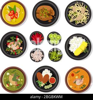 Illustrazioni vettoriali di cibo tailandese. Pacchetto icone vettoriali isolato su bianco Illustrazione Vettoriale