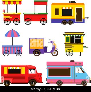 Set di diversi camion per alimenti. Illustrazione vettoriale Illustrazione Vettoriale