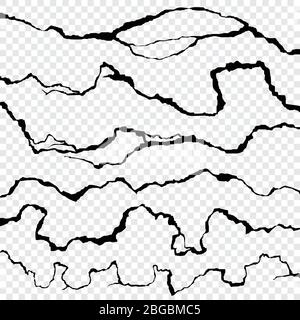 Incrinature vettoriali nella parete. Raccolta dell'effetto di distruzione di superficie. Spaccatura dopo disastri e distruzione, illustrazione dei danni da rottura della superficie Illustrazione Vettoriale