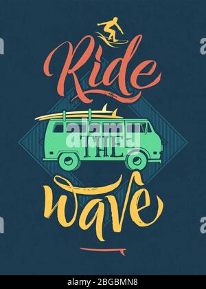 Poster retrò di surfista sulle onde alle hawaii. Emblema sportivo con parole scritte a mano. Illustrazione vettoriale Illustrazione Vettoriale